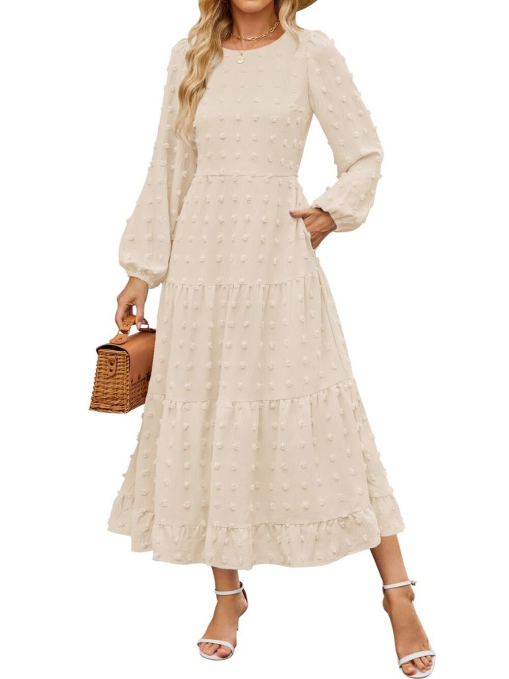 Women's Long Sleeve Swiss Dot Maxi Wedding Guest Dresses